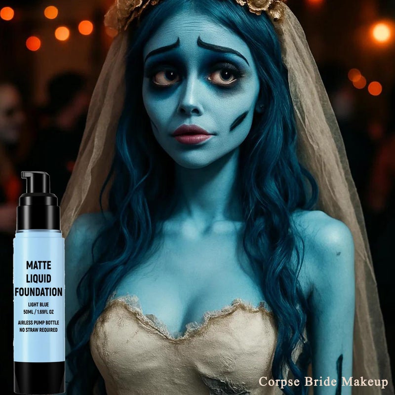 Wismee Light Blue Liquid Foundation,Full Coverage Pale Blue Body Paint for Corpse Bride Halloween SFX Avatar Sally Makeup - Image 3